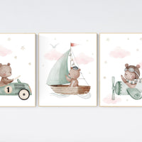 Nursery decor bear, gender neutral nursery, travel nursery, plane nursery, car nursery, bear nursery print, teddy bear decor, sage green