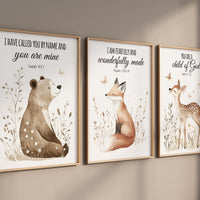 Woodland nursery Bible verse wall art set, bear fox deer scripture prints, Christian baby room decor, gender neutral nursery wall art set