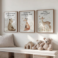 Woodland nursery Bible verse wall art set, bear fox deer scripture prints, Christian baby room decor, gender neutral nursery wall art set