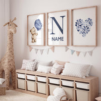 Navy bear wall art, boy nursery balloon prints, custom name nursery decor, blue heart wall art, baby boy room prints, navy blue nursery set