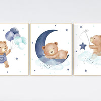 Navy Blue Teddy Bear Nursery Wall Art, baby boy nursery wall art, Baby Boy Room Decor, Moon and Stars , Cute Bear prints, navy and teal