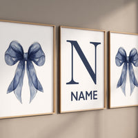 Navy bow nursery art, baby boy name print, custom navy wall decor, navy blue bow prints, boy nursery wall set, modern boy room art