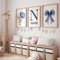 Navy nursery art, bunny balloon wall print, personalized baby name decor, custom navy bow set, blue baby room art, rabbit nursery poster