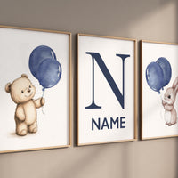 Navy balloon nursery art, bear and bunny print, personalized baby name poster, blue animal wall decor, gender-neutral nursery artwork