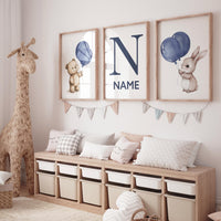 Navy balloon nursery art, bear and bunny print, personalized baby name poster, blue animal wall decor, gender-neutral nursery artwork