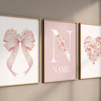 Pink Floral Nursery Wall Art Set of 3 - Bow Heart Name Print for Baby Girl - Custom Initial Poster - Elegant Baby Girl Room Decor