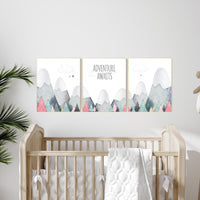 Adventure Awaits Nursery Wall Art Set of 3 - Mountain Forest Baby Room Decor - Boho Gender Neutral Prints - Kids Travel Theme Poster