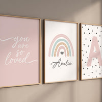 Boho Rainbow Nursery Wall Art, Personalized Name Print, Blush Pink Quote & Initial Poster Set, Baby Girl Room Decor, You Are Loved