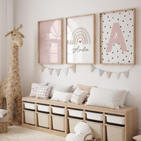 Boho Rainbow Nursery Wall Art, Personalized Name Print, Blush Pink Quote & Initial Poster Set, Baby Girl Room Decor, You Are Loved