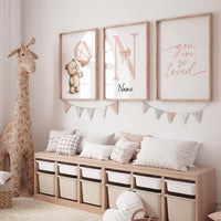 Blush Pink Bear Nursery Wall Art, Personalized Baby Name Print, You Are So Loved Quote, Girl Room Decor, Custom Baby room, girl nursery