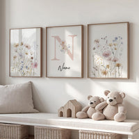 Personalized floral nursery art, wildflower name print, boho nursery,botanical baby room decor, pastel flower nursery print, name wall art