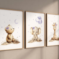 Baby girl nursery wall art set, purple and beige animal prints with elephant, bear, giraffe, neutral safari nursery decor, baby room prints