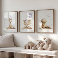 Baby girl nursery wall art set, purple and beige animal prints with elephant, bear, giraffe, neutral safari nursery decor, baby room prints