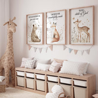 Woodland nursery Bible verse wall art set, bear fox deer scripture prints, Christian baby room decor, gender neutral nursery wall art set