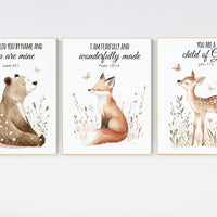 Woodland nursery Bible verse wall art set, bear fox deer scripture prints, Christian baby room decor, gender neutral nursery wall art set