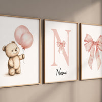 Personalized bear nursery art, blush pink teddy bear wall art, nursery balloon bear prints, baby girl name wall decor, pink bow wall art