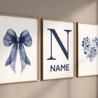 Navy bow wall art, boy nursery name print, custom navy heart decor, baby boy name prints, navy blue nursery set, gender neutral boy art