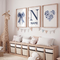Navy bow wall art, boy nursery name print, custom navy heart decor, baby boy name prints, navy blue nursery set, gender neutral boy art