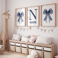 Navy bow nursery art, baby boy name print, custom navy wall decor, navy blue bow prints, boy nursery wall set, modern boy room art