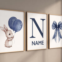 Navy nursery art, bunny balloon wall print, personalized baby name decor, custom navy bow set, blue baby room art, rabbit nursery poster