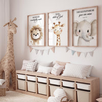 Nursery wall art animals, gray nursery, gender neutral, neutral nursery, verse nursery, bible verse, lion, elephant, giraffe, animal prints