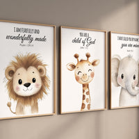 Nursery wall art animals, gray nursery, gender neutral, neutral nursery, verse nursery, bible verse, lion, elephant, giraffe, animal prints