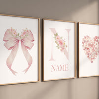 Pink Floral Nursery Wall Art Set of 3 - Bow Heart Name Print for Baby Girl - Custom Initial Poster - Elegant Baby Girl Room Decor