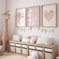 Pink Floral Nursery Wall Art Set of 3 - Bow Heart Name Print for Baby Girl - Custom Initial Poster - Elegant Baby Girl Room Decor