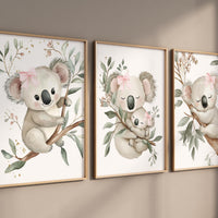 Koala Bear Nursery Wall Art Set of 3 - Baby Girl Room Decor - Pink Bow Jungle Animal Prints - Woodland Nursery Posters - Koala Baby print