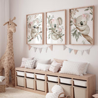 Koala Bear Nursery Wall Art Set of 3 - Baby Girl Room Decor - Pink Bow Jungle Animal Prints - Woodland Nursery Posters - Koala Baby print