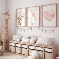 Blush Pink Bear Balloon Nursery Wall Art Set, Baby Girl Name Print, Personalized Initial, Heart Art for Girl's Room Decor