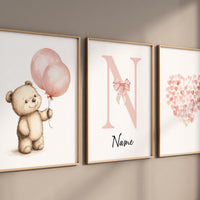 Blush Pink Bear Balloon Nursery Wall Art Set, Baby Girl Name Print, Personalized Initial, Heart Art for Girl's Room Decor