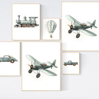 Vehicle art print set, sage green, Boys room, car train plane boat hot air balloon, boys transportation print, boys nursery room decor