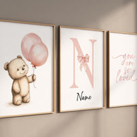 Blush Pink Bear Nursery Wall Art, Personalized Baby Name Print, You Are So Loved Quote, Girl Room Decor, Custom Baby room, girl nursery