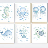 Under the Sea Nursery Wall Art Set, Ocean Animal Prints, Sea Turtle, Whale, Octopus, Jellyfish, Baby Boy Room Decor, Ocean Quote Print