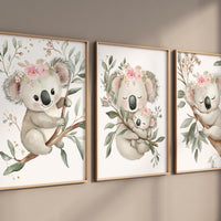 Koala Nursery Wall Art Set, Baby Girl Animal Prints, Floral Koala Bear Posters, Woodland Nursery Decor, cute Koala Baby Room Art, girls room