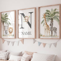 Jungle Animals, Safari Animal Nursery Wall Art Set, gender neutral, personalized Jungle Print , Elephant, Lion, Giraffe, Zebra, Monkey