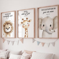 Nursery wall art animals, gray nursery, gender neutral, neutral nursery, verse nursery, bible verse, lion, elephant, giraffe, animal prints