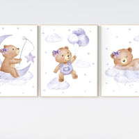 Nursery decor girl purple, nursery decor bear, teddy bear nursery, lilac nursery print, lavender, baby room decor, nursery wall art animals
