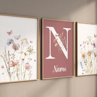 Wildflower Name Wall Art Set – Mauve Pink Floral Nursery Prints – Personalized Boho Botanical Decor for Baby Girl or Kids Room