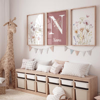 Wildflower Name Wall Art Set – Mauve Pink Floral Nursery Prints – Personalized Boho Botanical Decor for Baby Girl or Kids Room
