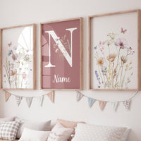 Wildflower Name Wall Art Set – Mauve Pink Floral Nursery Prints – Personalized Boho Botanical Decor for Baby Girl or Kids Room