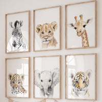 Safari Baby Animal Wall Art Set of 6 – Jungle Animal Prints – Lion, Elephant, Zebra, Giraffe, Tiger, Leopard – Nursery Safari Decor