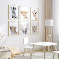 Safari Baby Animal Wall Art Set of 6 – Jungle Animal Prints – Lion, Elephant, Zebra, Giraffe, Tiger, Leopard – Nursery Safari Decor