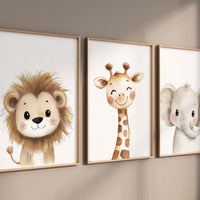 Safari Animal Nursery Wall Art Set of 3, Lion Giraffe Elephant Prints, Neutral Jungle Baby Room Decor, Cute Watercolor Zoo Animals