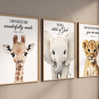 Safari Bible Verse Nursery Wall Art Set, Giraffe Elephant Lion Prints, Christian Baby Room Decor, Scripture Animal Posters for Kids