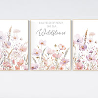 Wildflower Wall Art Set – “In a Field of Roses She Is a Wildflower” Quote with Blush Floral Prints – Girls Room or Nursery Decor Prints