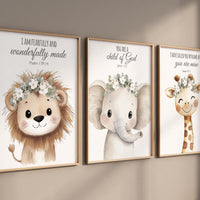 Animal Nursery Prints: Lion, Elephant, Giraffe, Christian Decor
