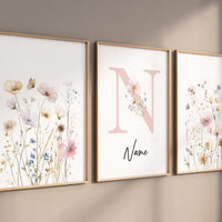 Floral Monogram Nursery Wall Art Set – Personalized Baby Girl Name Print, Wildflower Pastel Botanical Prints, Custom Nursery Decor