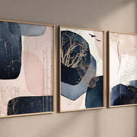 Navy and Blush Abstract Wall Art Set – Gold Accents Modern Boho Prints for Living Room, Bedroom, Office – Set of 3, navy blue and pink blush